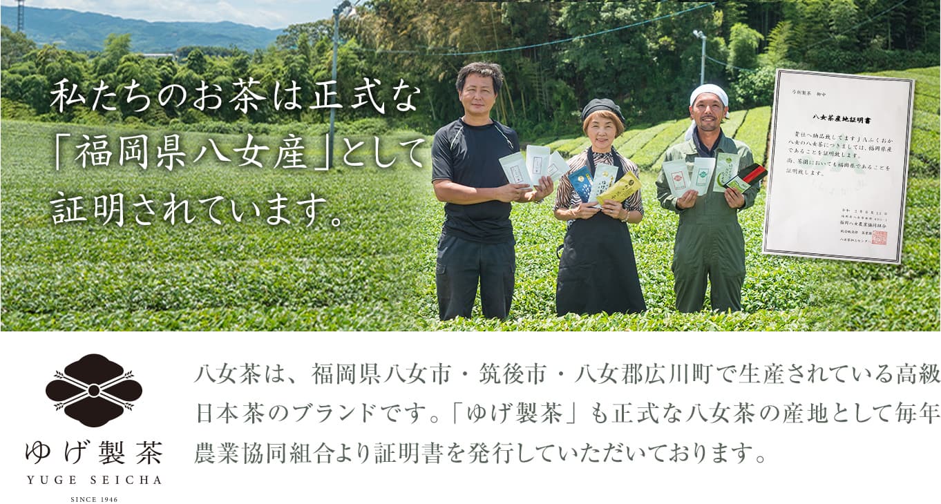 私たちのお茶は正式な「福岡県八女産」として証明されています。八女茶は、福岡県八女市・筑後市・八女郡広川町で生産されている高級日本茶のブランドです。「ゆげ製茶」も正式な八女茶の産地として毎年農業協同組合より証明書を発行していただいております。